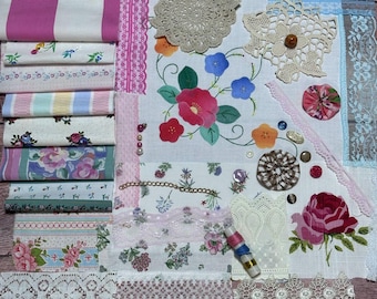 Slow stitching kit with vintage fabric and lace Hand sewing project #34