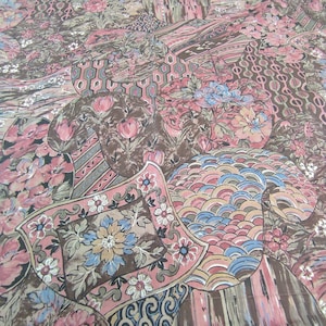 Brown pink floral fabric Bird cotton fabric retro W 52&quot;