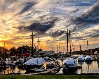 Harbor sunset in Camden Maine, Maine harbor, ship photo, sunset photo, coastal, art print, Harbor Boat Photography, Nautical Photography