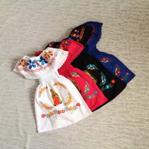 Our Lady of Guadalupe Embroidered Mexican Dress Handmade Virgen de Guadalupe Different Sizes Color Black, White, Pink and Blue