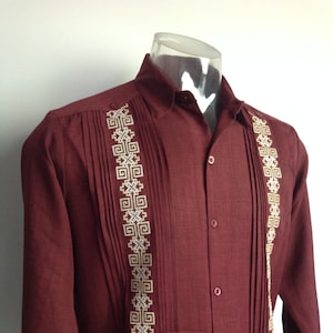 Classic Guayabera Wine Color Men Shirt Long Sleeve Mexican Men's Shirt Embroidered Different Sizes