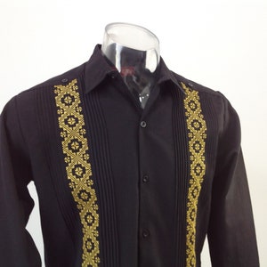 Golden or Silver Embroidery Guayabera Black Color Men Shirt Long Sleeve Mexican Men Shirt Embroidered Different Sizes