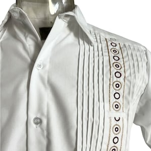 Short Sleeve Classic Guayabera -  Small - Medium - White Shirt - Mexican Men&#39;s Shirt - Embroidered Shirt -  Brown and Yellow Embroidered