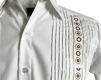 Short Sleeve Classic Guayabera -  Small - Medium - White Shirt - Mexican Men's Shirt - Embroidered Shirt -  Brown and Yellow Embroidered
