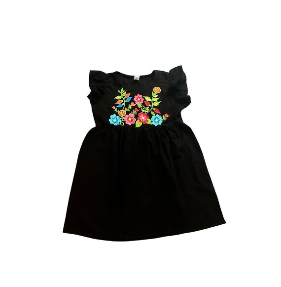 Vestido Negro Bordado Colorido Floral Mexicano, Estilo Juvenil