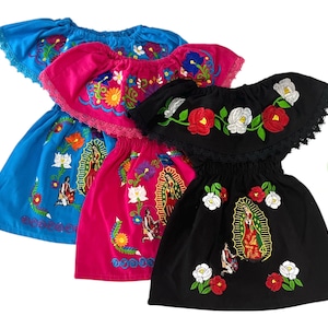 Our Lady of Guadalupe & Juan Diego - Embroidered Mexican Dress - Different Sizes - Virgen de Guadalupe - Black, Pink or Turquoise