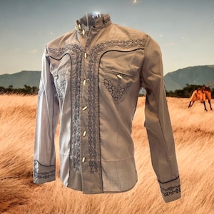Beige Embroidered Cowboy Shirt / Vaquero Mexican Beige Shirt / Camisa Charra Long Sleeve / Rodeo Western Clothing / Different Sizes