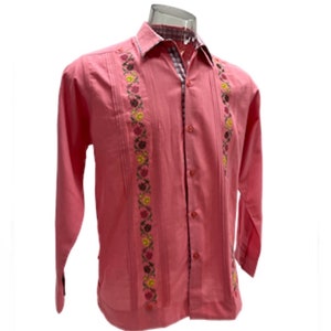 Classic Guayabera Pink Color Shirt Long Sleeve Polycotton Mexican Men&#39;s Shirt Embroidered Different Sizes