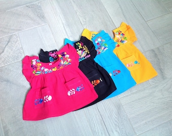 Mexican Embroidered Dress Girls Dresses Size 6 months to 3 yrs Black Pink Yellow Turquoise