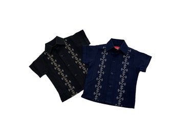 Mexican Embroidered Guayabera Black or Navy Blue Color Size 6 mos-6 years Different Sizes Handmade Boy Shirt