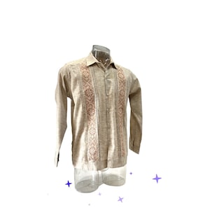 Classic Guayabera Beige Men Shirt Long Sleeve Mexican Men&#39;s Shirt Embroidered Different Sizes