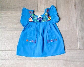 Turquoise Mexican Embroidered Dress Girls Dresses Size 6 months to 3 yrs Handmade Cinco de Mayo Party Mexican Dress with Pockets