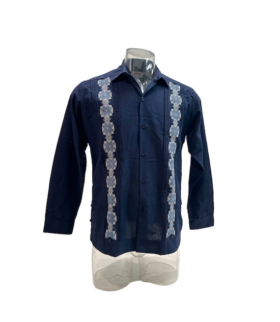 Classic Guayabera Navy Blue Men Shirt Long Sleeve Mexican Men's
