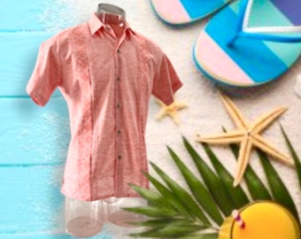 Short Sleeve Guayabera - Light Coral Color Men Shirt - Mexican Men&#39;s Shirt Embroidered Different Sizes