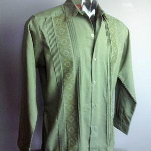 Classic Guayabera Washed Olive Green Color Men Shirt Long Sleeve Mexican Men's Shirt Embroidered Different Sizes