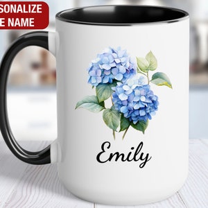 Hydrangea Personalized Mug, Hydrangea Name Mug, Hydrangea Coffee Cup, Hydrangea Custom Gift for Her, Hydrangea Floral Coffee Mug