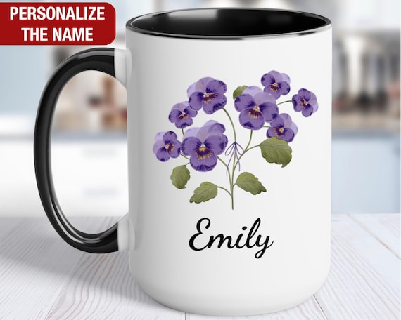 February Birth Flower Mug Personalized, Violet Mug, Violet Birth Flower Cup, Violet Custom Gift for Her, Violet Floral Coffee Mug
