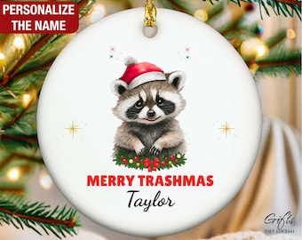 Personalized Raccoon Ornament, Merry Trashmas, Raccoon Christmas Ornament