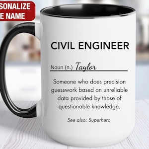May include: White ceramic mug with a black handle and rim. The mug features the text "CIVIL ENGINEER" and a humorous definition, including the name "Taylor". The mug is a personalized gift.