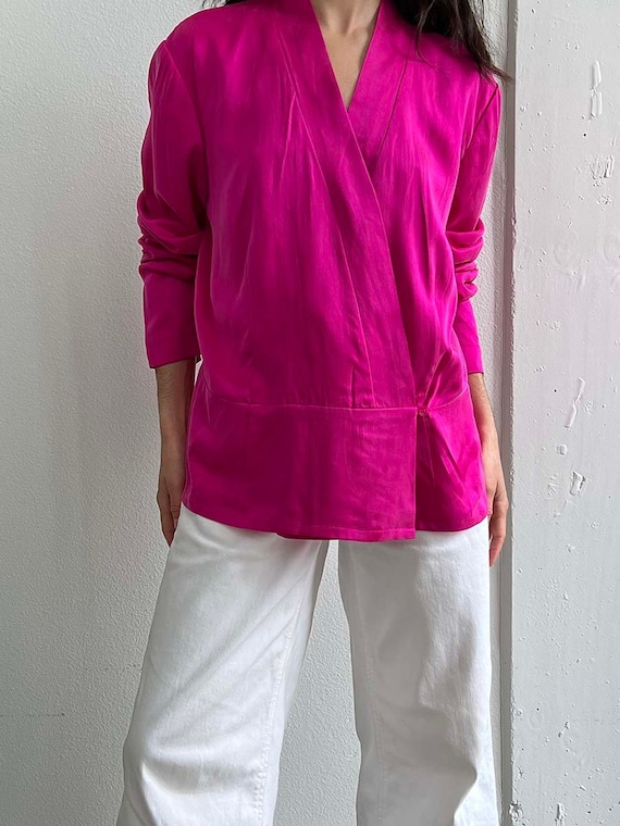 80s Fuschia Pink Silk Wrap Blouse by Dana Buchman