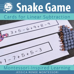 Cartões de jogo de cobra de subtração matemática Montessori (versão numérica) para prática de fatos de subtração