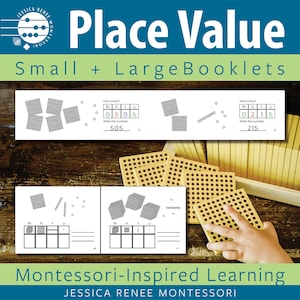 Valor posicional da matemática Montessori com miçangas douradas, livretos pequenos e grandes