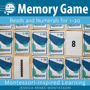 May include: A Montessori-inspired memory game for kids featuring cards with numbers 1-20 and corresponding bead representations. The cards are blue and green with the text "Memory" on each card. The game is designed to help children learn to count and recognize numbers.