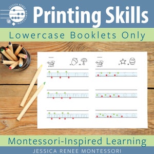 May include: A printable worksheet for practicing lowercase letter formation. The worksheet features a variety of images, including a fish, an acorn, a mushroom, a star, and an egg. The letters are written in a dotted line format, with red dots indicating where to start and stop each letter.