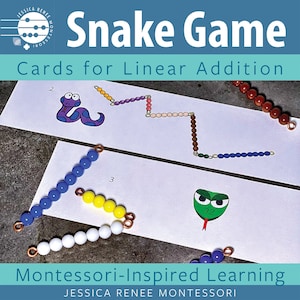 Cartões de jogo de cobra de adição de matemática Montessori (versão de escada de contas) para prática de fatos