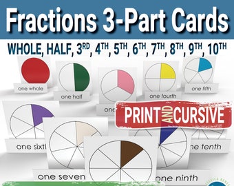 Può includere: Un set di carte di frazioni stampabili per l'apprendimento Montessori. Le carte presentano cerchi colorati divisi in diverse frazioni, tra cui intero, metà, terzo, quarto, quinto, sesto, settimo, ottavo, nono e decimo. Le carte sono etichettate con i nomi delle frazioni corrispondenti. Il testo "STAMPA E CORSIVO" è visibile in rosso.