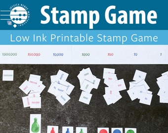 May include: A Montessori-inspired learning game with a title "Stamp Game: Low Ink Printable Stamp Game". The game includes cards with numbers from 1 to 1,000,000 and colorful stamps.