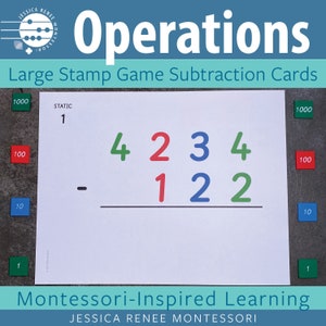 Montessori Math 4-digit Stamp Game Aftrekken met grote kaarten
