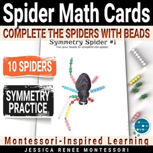 Cartões matemáticos Montessori de Halloween: aranha simétrica, atividade de outono, escada de contas