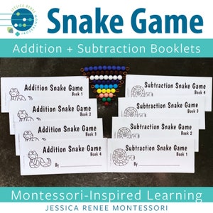 Livretos do jogo de cobra de adição e subtração de matemática Montessori para prática de fatos