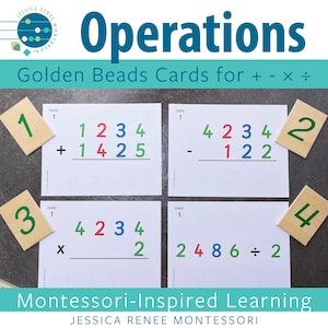 Operações matemáticas Montessori: pacote pequeno de cartas de comando, equações de contas douradas