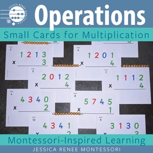 Multiplicação de contas douradas de 4 dígitos Montessori Math com cartões pequenos