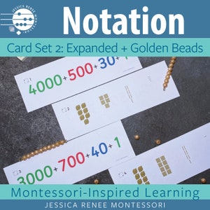 Montessori Math Place Value Notation Cards Set 2: Perles étendues et dorées