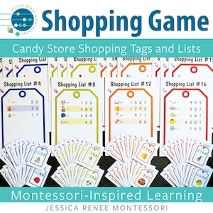 以下が含まれることがあります： カラフルなキャンディーストアのショッピングタグとリストを備えた、モンテッソーリに触発された子供向けの学習ゲーム。ゲームには、数字が書かれた4つのショッピングリストと、対応する数字が書かれたタグのセットが含まれています。