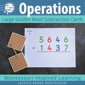 Subtração de contas douradas de 4 dígitos da matemática Montessori com cartões grandes