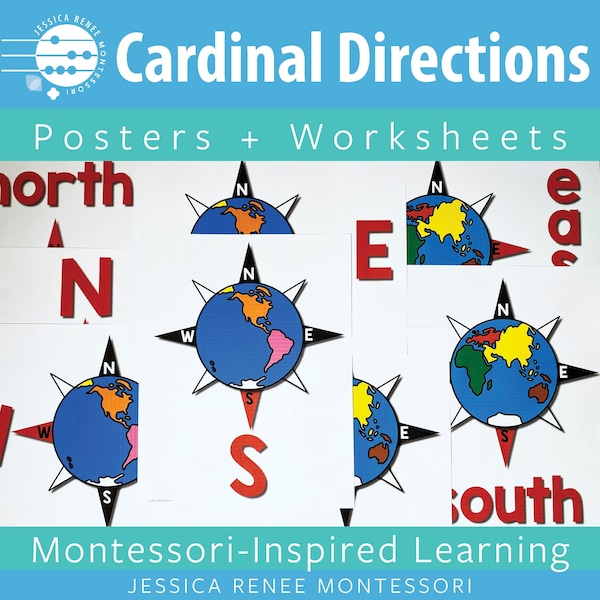 Montessori Geographie Kardinal Wegbeschreibung Poster und Arbeitsblätter