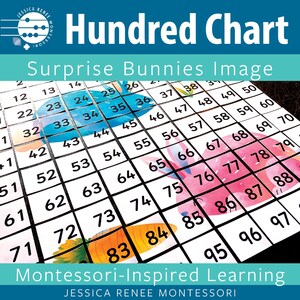May include: A colorful hundred chart with numbers 1-100, featuring images of bunnies, carrots, and flowers. The chart is labeled "Surprise Bunnies Image" and "Montessori-Inspired Learning".