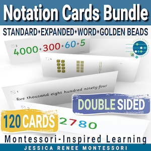 Puede incluir: Un conjunto de tarjetas de notación inspiradas en Montessori. Las tarjetas presentan ecuaciones matemáticas, representaciones numéricas y el texto "DOUBLE SIDED" y "120 CARDS". Las tarjetas están etiquetadas como "STANDARD EXPANDED WORD GOLDEN BEADS". El texto "Notation Cards Bundle" está en la parte superior.