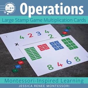 Montessori Math 4-digit Stamp Game Vermenigvuldiging met grote kaarten