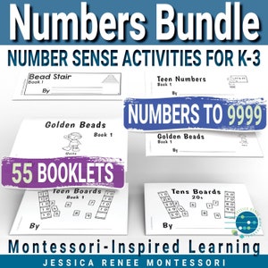 Op de afbeelding: Een paars-witte banner met de tekst "Numbers Bundle" en "55 Booklets" in wit. De banner bevindt zich boven een set van vier zwart-witte printbare werkbladen voor het onderwijzen van getalbegrip voor kinderen in de kleuterklas tot en met de derde klas. De werkbladen zijn getiteld "Bead Stair", "Teen Numbers", "Golden Beads", "Teen Boards" en "Tens Boards". De werkbladen zijn geïnspireerd op Montessori en ontworpen door Jessica Renee Montessori.