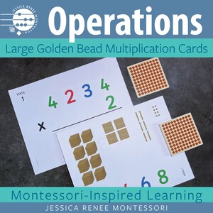 Multiplicação de contas douradas de 4 dígitos Montessori Math com cartões grandes