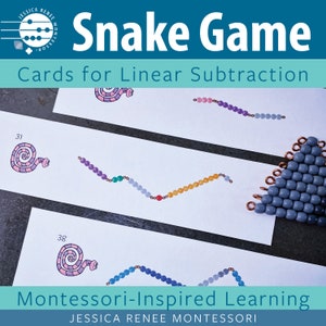 Può includere: Un set di carte di apprendimento Montessori per la sottrazione lineare. Le carte presentano un serpente colorato con perline e il testo "Snake Game Cards for Linear Subtraction".