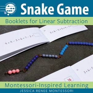 Livretos do jogo Montessori Math Subtraction Snake para prática de fatos de subtração