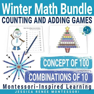 Puede incluir: Un paquete de matemáticas de invierno para niños con un muñeco de nieve, un árbol de Navidad y un copo de nieve. El paquete incluye actividades para contar y sumar, así como aprender sobre el concepto de 100 y combinaciones de 10. El texto "Montessori-Inspired Learning" y "Jessica Renee Montessori" también está incluido.