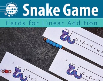 May include: A set of printable cards featuring a purple snake with googly eyes and a linear addition equation. The cards are designed for a Montessori-inspired learning game. The text on the cards reads "Snake Game" and "Cards for Linear Addition".
