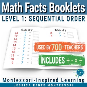 May include: A close-up of a workbook with the title "Math Facts Booklets Level 1: Sequential Order". The workbook features multiplication tables for the number 7, with blank spaces for students to fill in the answers. The workbook is designed for Montessori-inspired learning and is used by over 700 teachers.